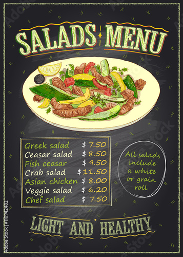 Salads menu list chalkboard design with vegetables and meat salad