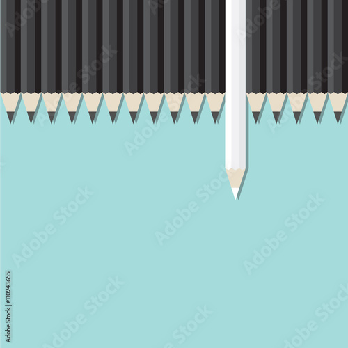 White pencil standing out from crowd of black pencil in top view. think different, leadership, freedom, initiative, strategy, dissent, success, business financial marketing advertising concept