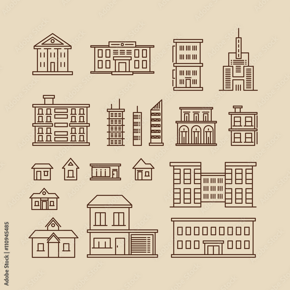 Buildings line thin vector icons. Building construction, architecture urban building structure illustration
