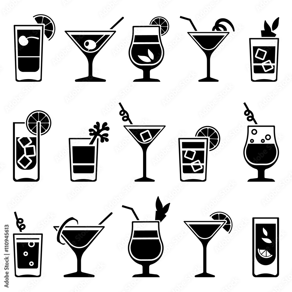 Cocktails and drinks vector black icons. Drink cocktail alcohol and cocktail with straw and fruit illustration - obrazy, fototapety, plakaty 