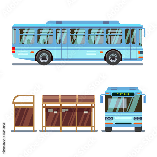 Bus stop and city bus. Stop for bus city, transport bus for passenger travel. Vector illustration