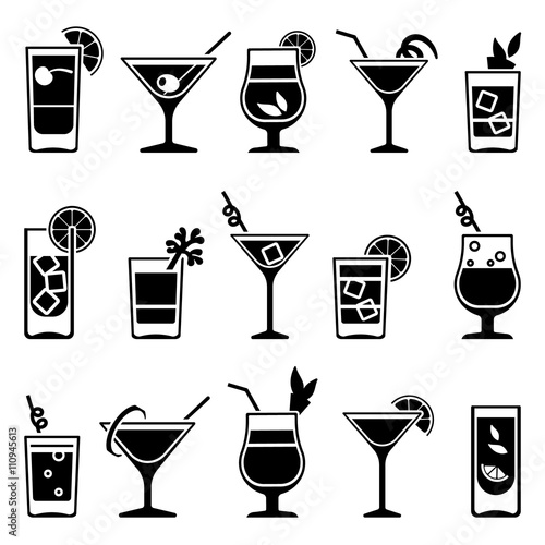 Cocktails and drinks vector black icons. Drink cocktail alcohol and cocktail with straw and fruit illustration photo