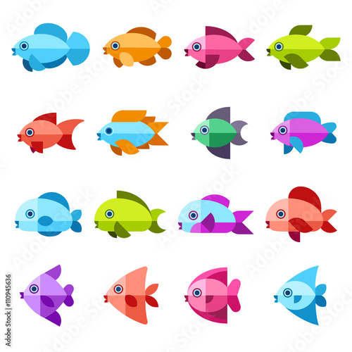 Fish vector flat icons set. Fish sea or ocean, nature wildlife fish illustration