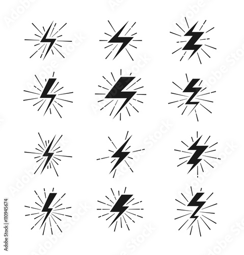 Retro lightning bolt signs with sunburst effect. Lightning sign set and electric lightning thunder. Vector illustration