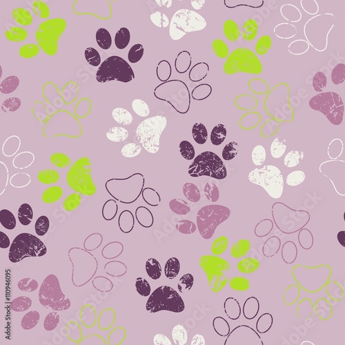 Vector seamless pattern with cat or dog footprints. Cute colorfu