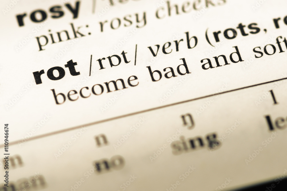 Close up of old English dictionary page with word rot Close up of old English dictionary page with word rot