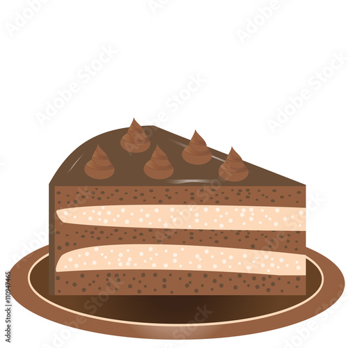 A piece of delicious chocolate cake with cream on a plate. Vector illustration.