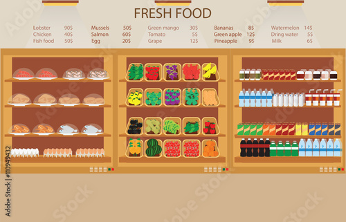 Supermarket grocery store with fresh food.