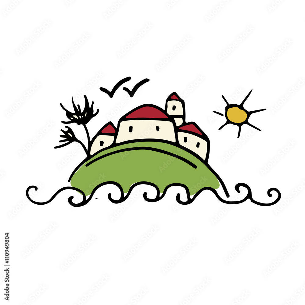Tropical island with houses. Sketch for your design Tropical island with houses. Sketch for your design