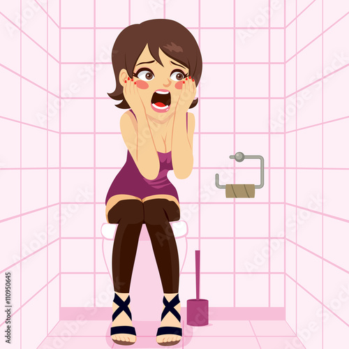 Young woman making desperate shocked expression after noticing there is no paper on public toilet
