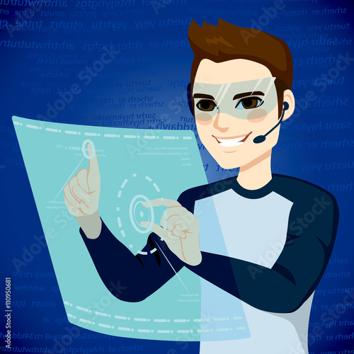 Young man using futuristic ...