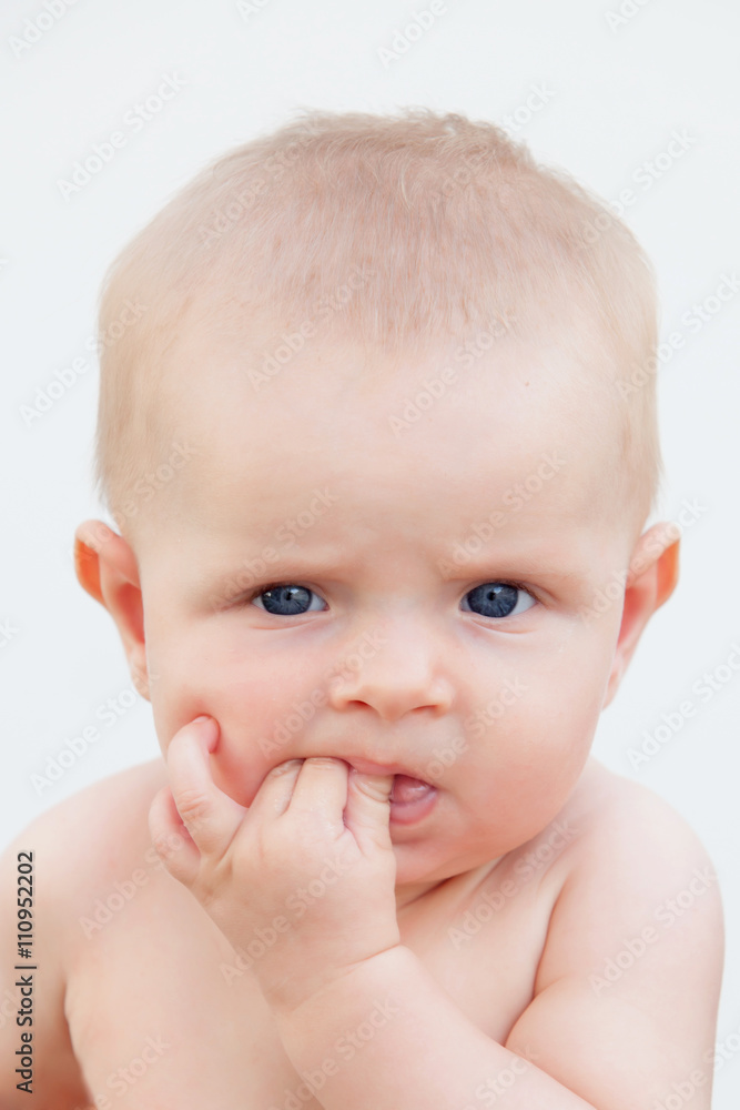 Little baby six month with blue eyes and blond hair Little baby six month with blue eyes and blond hair