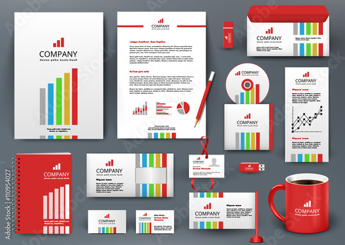 Professional universal branding design kit with color lines. Corporate identity template, business stationery mock-up for investment company. Editable vector illustration: folder, cup, etc.