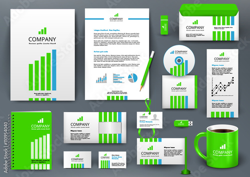 Professional universal branding design kit with green and blue lines. Corporate identity template, business stationery mock-up. Green and blue colors. Editable vector illustration: folder, cup, etc.