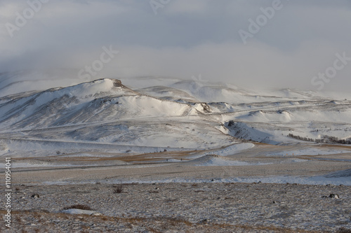 Winter landscape with mountain and lot of snow