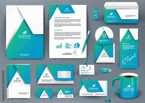 Professional universal blue branding design kit with  origami element. Corporate identity template, business stationery mock-up for real estate company. Editable vector illustration: folder, mug, etc.