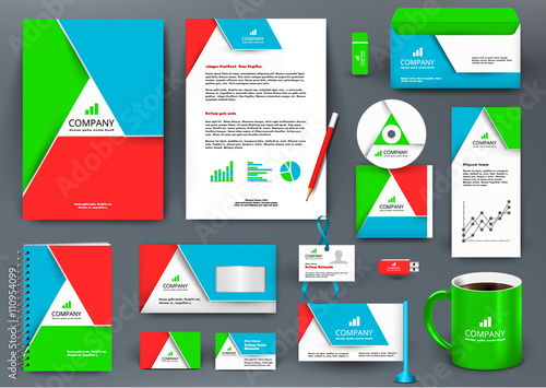 Professional color universal branding design kit with origami element. Corporate identity template, business stationery mock-up for real estate company. Editable vector illustration: folder, mug, etc.