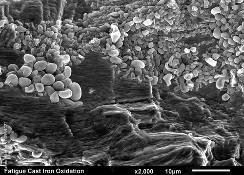 Cast Iron fractured surface. Fatigue Striations under iron oxide corrosion imaged in a scanning electron microscope