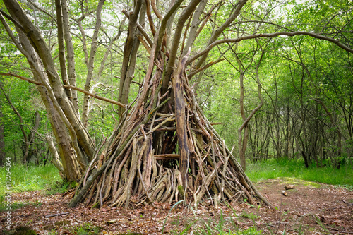 Cabane bois for  t branche aventure jeu construire enfant tipi 