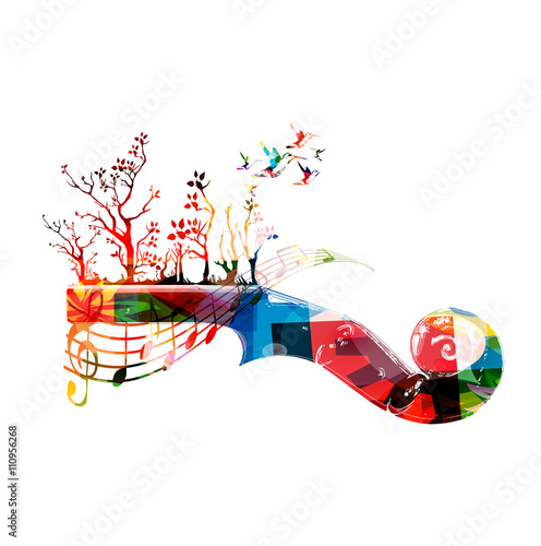 Colorful music background with violoncello pegbox and hummingbirds photo