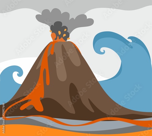 An erupting volcano, tsunami, colored picture, vector.  From a volcano is ash and fiery magma. 