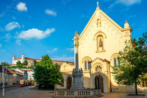 Photography Capuchin church with castle hill on the background in Bratislava city in Slovaki
