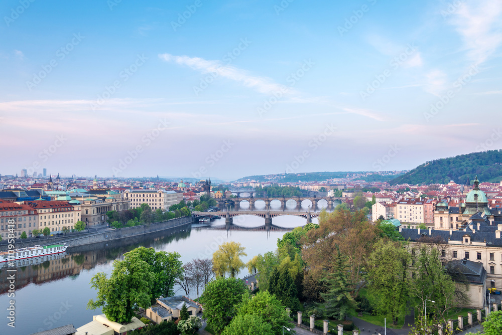 scenic view of bridges on the Vltava river and of the historical