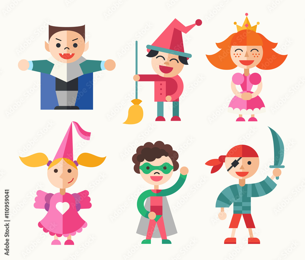 Children in carnival costumes - flat design characters set Children in carnival costumes - flat design characters set