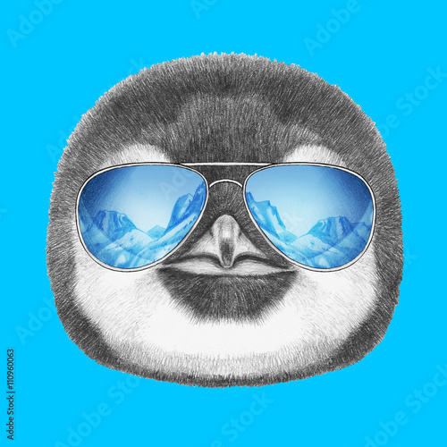 Portrait of Penguin with mirror sunglasses. Hand drawn illustration.