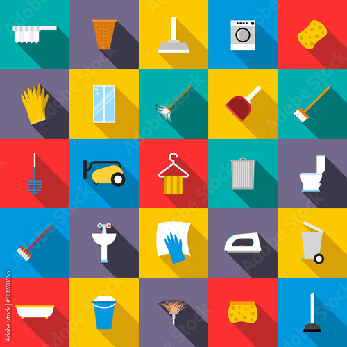 Cleaning icons set, flat style