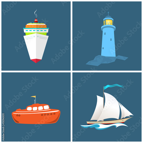 Front View of the Cruise Ship ,Lighthouse, Sailboat , Lifeboat, Vessels and the Lighthouse, Vector Illustration