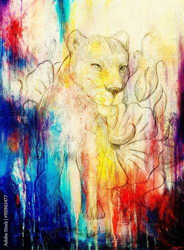 Lioness with flower, pencil drawing on paper. Color effect and Computer collage.