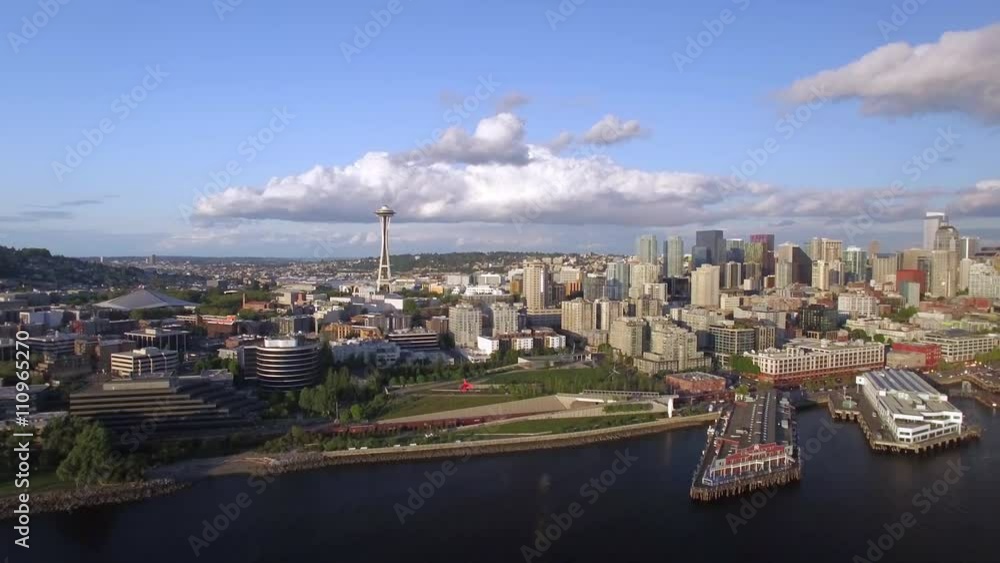 Aerial Pan of Downtown Seattle Waterfront with Piers on Sunny Day Aerial Pan of Downtown Seattle Waterfront with Piers on Sunny Day