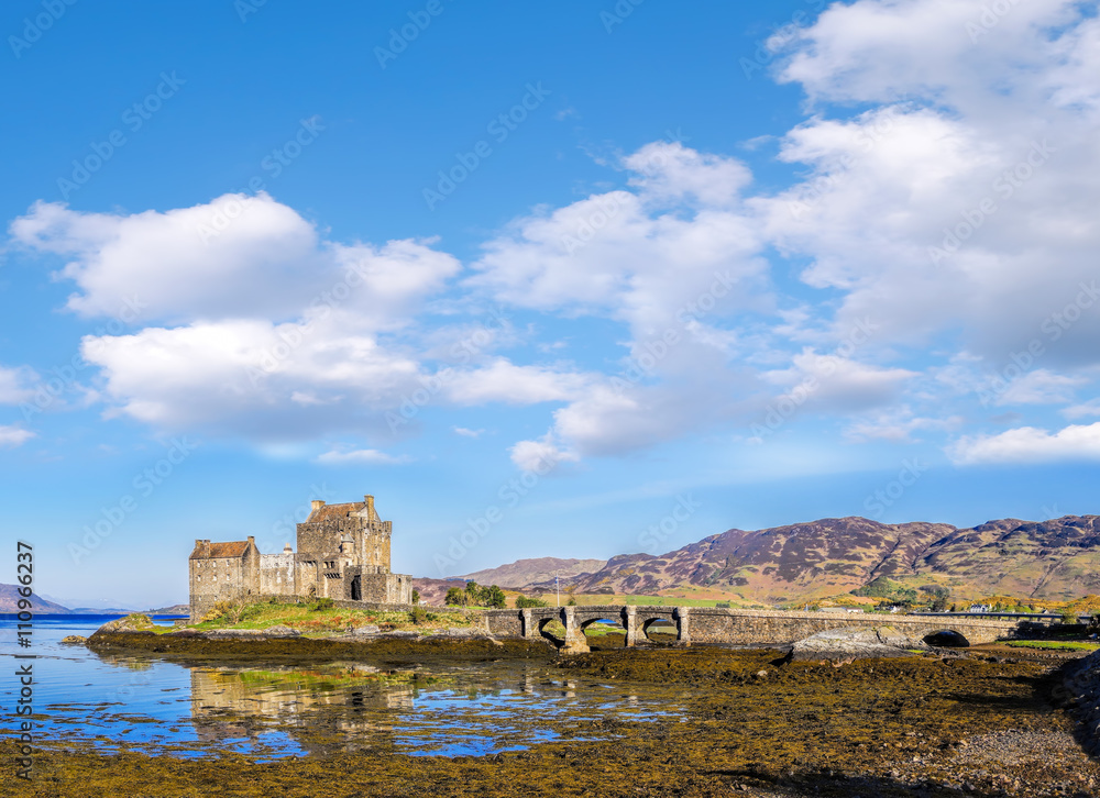 Panorama of Eilean Donan Castle in Highlands of Scotland