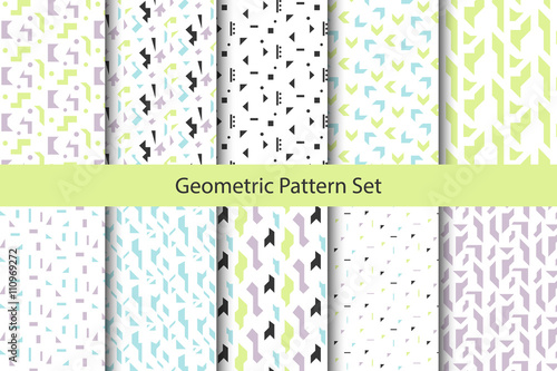 Abstract geometric shapes white pattern set. Vintage geometry inspired seamless pack lilac, green and blue on white.