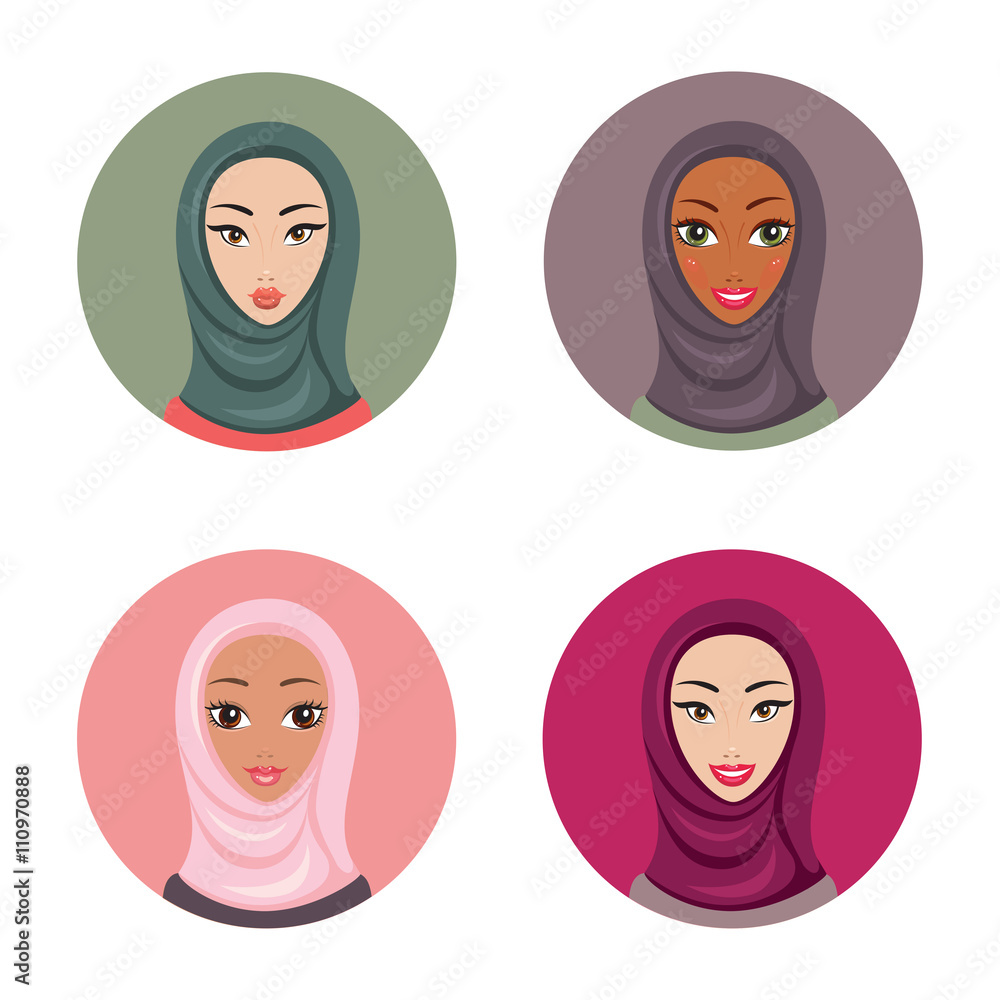 Beautiful young Muslim woman icons set Girls portrait in hijab Beautiful young Muslim woman icons set Girls portrait in hijab