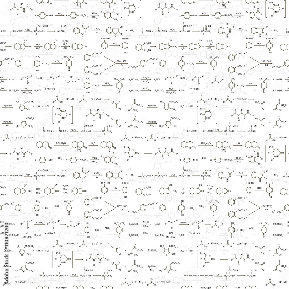 Many recondite chemical equations and formulas on white, seamless pattern Many recondite chemical equations and formulas on white, seamless pattern