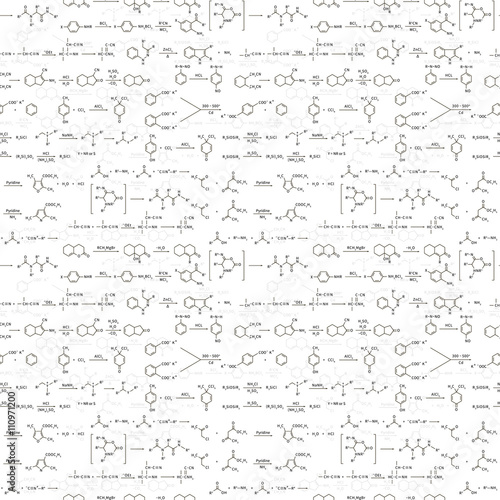 Many recondite chemical equations and formulas on white, seamless pattern