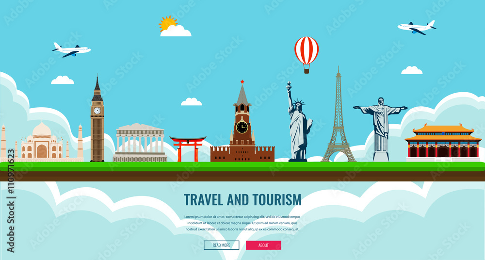 Travel composition with famous world landmarks. Travel and Tourism. Concept website template. Vector illustration. Travel composition with famous world landmarks. Travel and Tourism. Concept website template. Vector illustration.