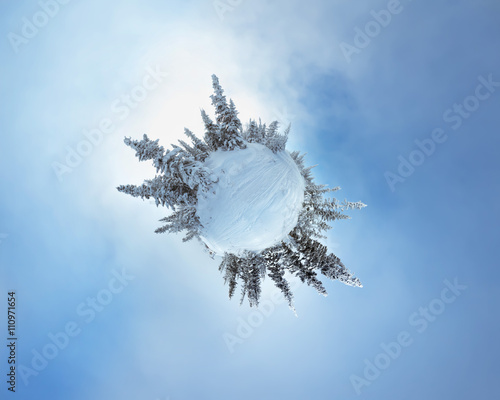 Little planet panorama on Zelenaya mountain in Sherehesh resort. Siberia, Russia photo