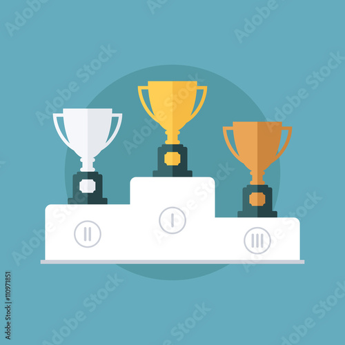 Gold, silver and bronze trophy cup on prize podium. Flat design vector illustration.