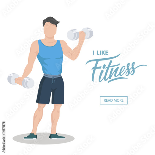 I like fitness concept. Sporty young man in sportswear with dumbbells. Workout and sport motivation. Web page template. Flat color vector illustration.
