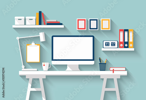 Blank monitor or computer desktop on white table in sunny room. Vector Mock up. Flat design with long shadow