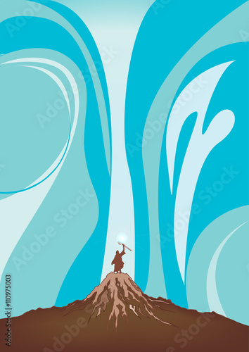 Moses  raise staff and stretch out hand over the sea to divide the water | Christianity Bible story Illustration in Exodus 14