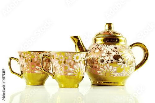 tea sets close up isolated on white background