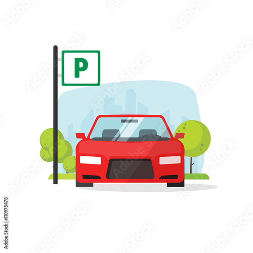 Parking lot vector illustration isolated on white, flat parking lot sign near the car parked, cartoon parking place design
