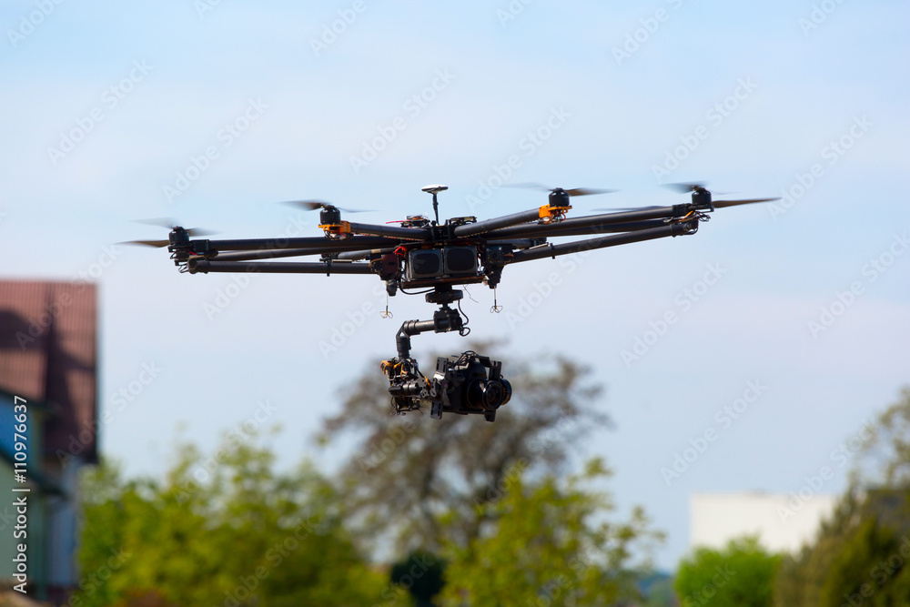 Drone, Unmanned copter flight, pilot flying drone Drone, Unmanned copter flight, pilot flying drone