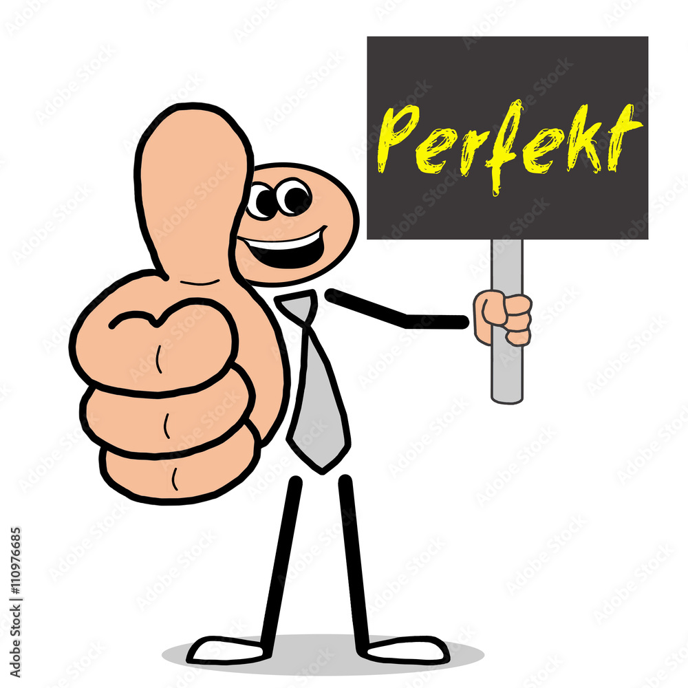 Perfekt! Mann mit Schild hält Daumen hoch Stock-Illustration | Adobe Stock