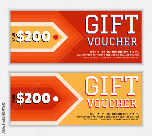 The gift voucher template with elements arrow in fiery red and yellow colors. The modern, colorful design 