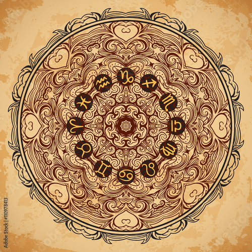 Ornate mandala and zodiac circle with horoscope signs on aged paper background. Vintage hand drawn vector illustration